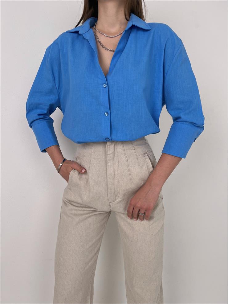 Fakir Kol Keten Kadın Mavi Gömlek 23Y000083