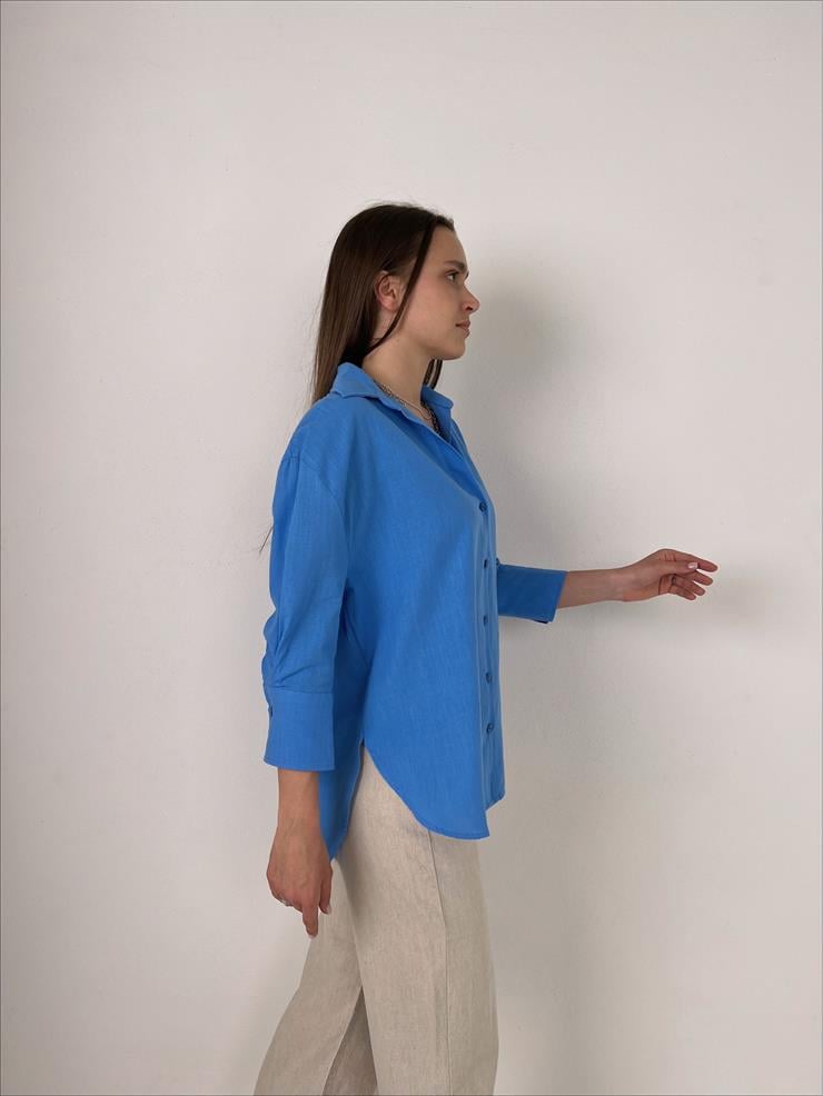 Fakir Kol Keten Kadın Mavi Gömlek 23Y000083