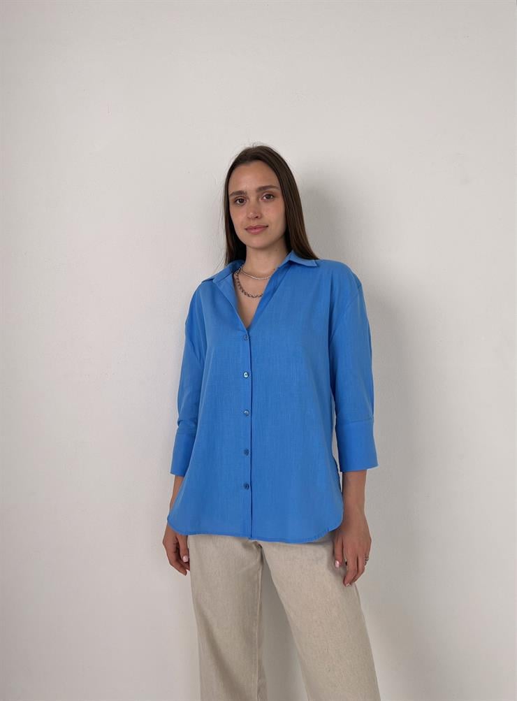 Fakir Kol Keten Kadın Mavi Gömlek 23Y000083