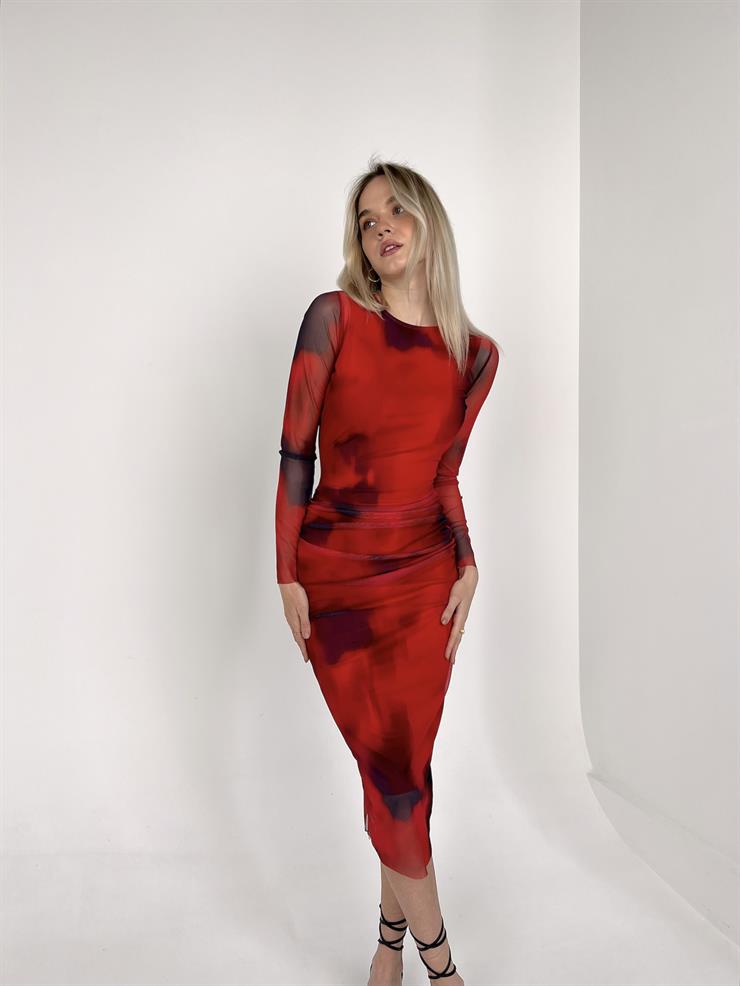 Bisiklet Yaka Beli Büzgü Detaylı Fallon Kadın Desenli Kırmızı Tül Midi Elbise 23Y000126