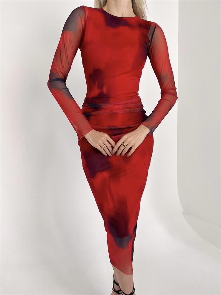 Bisiklet Yaka Beli Büzgü Detaylı Fallon Kadın Desenli Kırmızı Tül Midi Elbise 23Y000126