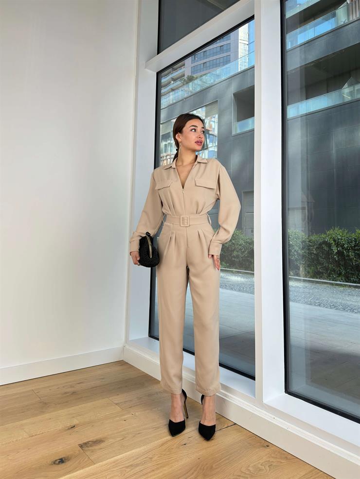 V Yaka Önü Fermuarlı Beli Kemerli Pens Detaylı Fares Kadın Taş Tulum 24Y394