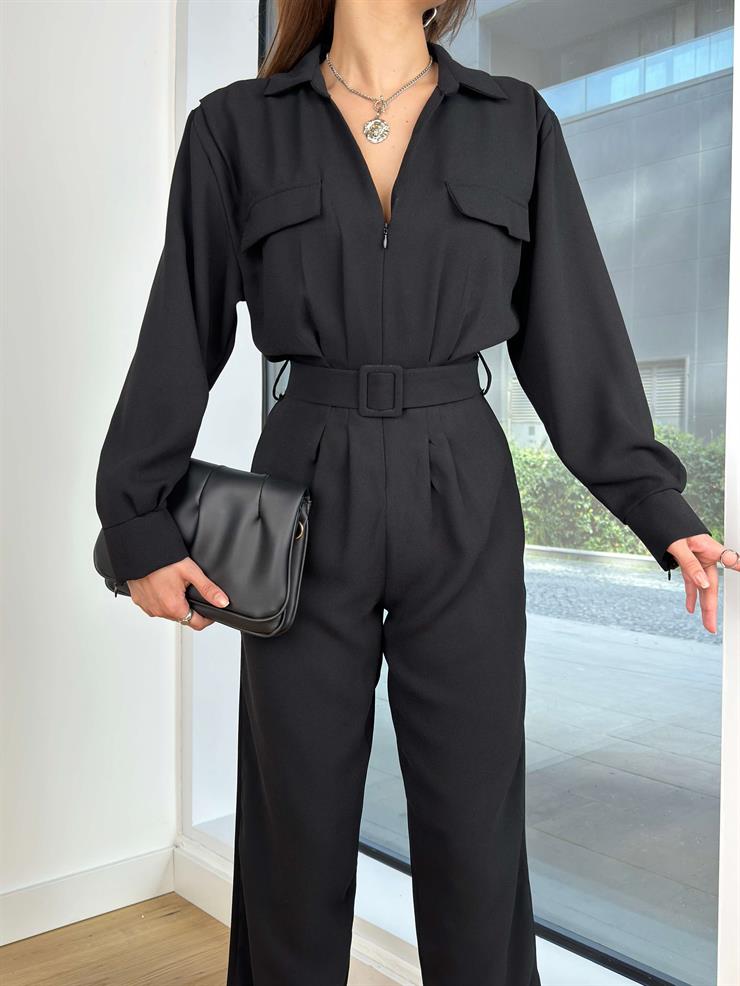 V Yaka Önü Fermuarlı Beli Kemerli Pens Detaylı Fares Kadın Siyah Tulum 24Y394