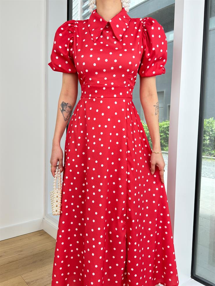 Gömlek Yaka Kısa Balon Kol Farid Kadın Puantiyeli Kırmızı Elbise 24Y083