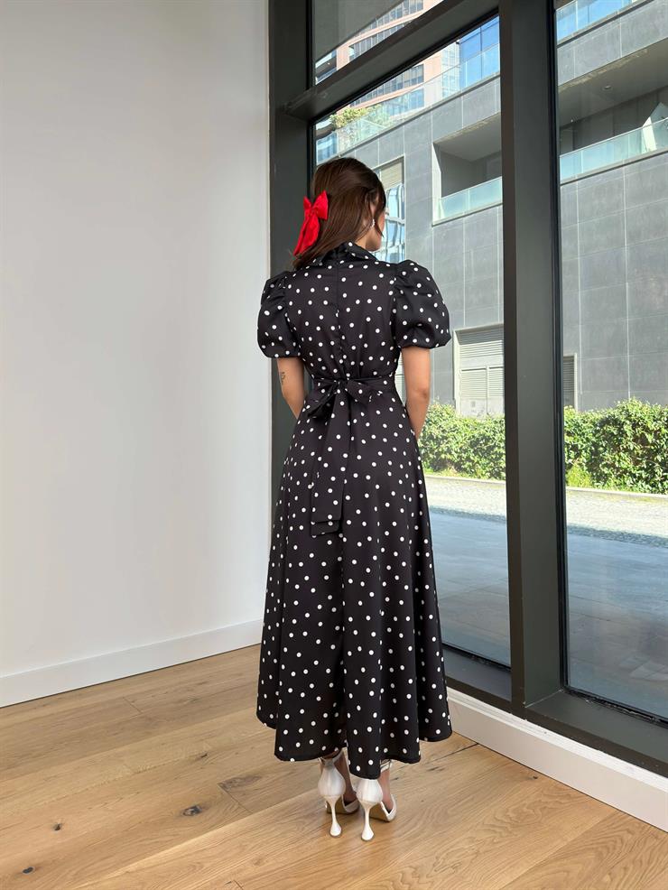 Gömlek Yaka Kısa Balon Kol Farid Kadın Puantiyeli Siyah Elbise 24Y083