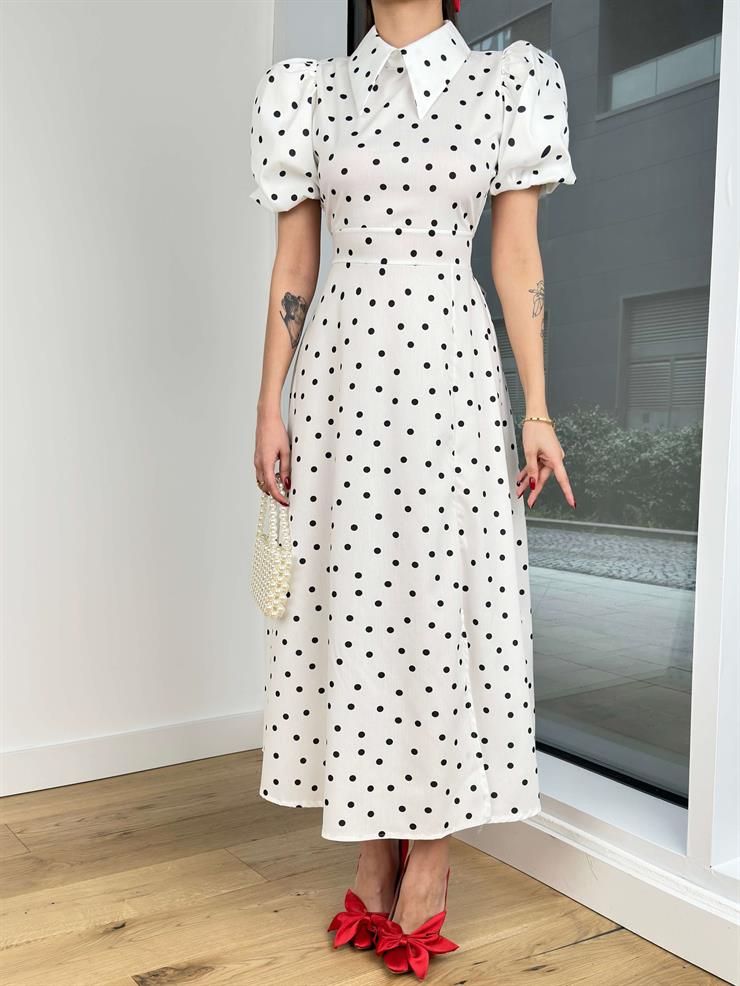 Gömlek Yaka Kısa Balon Kol Farid Kadın Puantiyeli Beyaz Elbise 24Y083