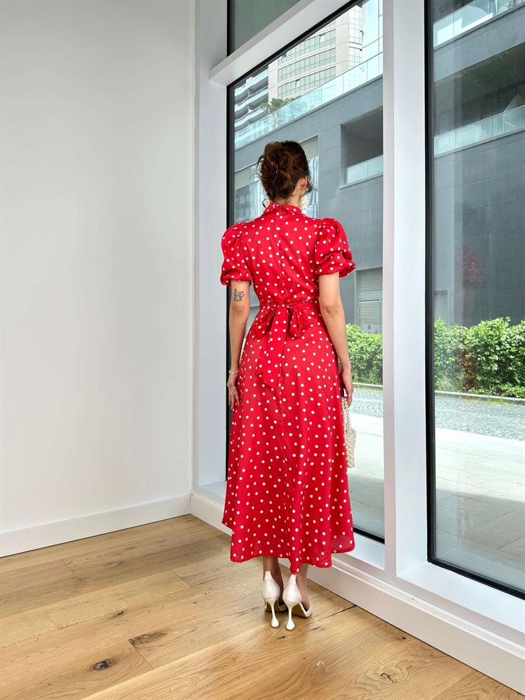 Gömlek Yaka Kısa Balon Kol Farid Kadın Puantiyeli Kırmızı Elbise 24Y083