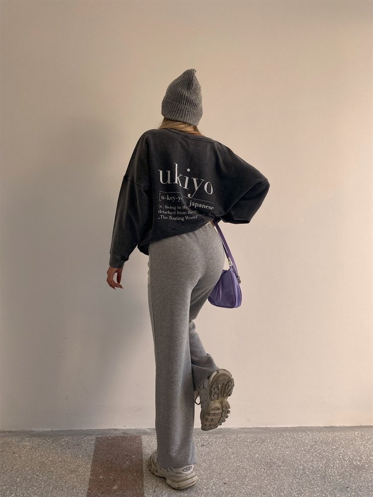 Farklı Renk Cep Detaylı Geniş Paça Kadın Gri Eşofman Alt 22K000128