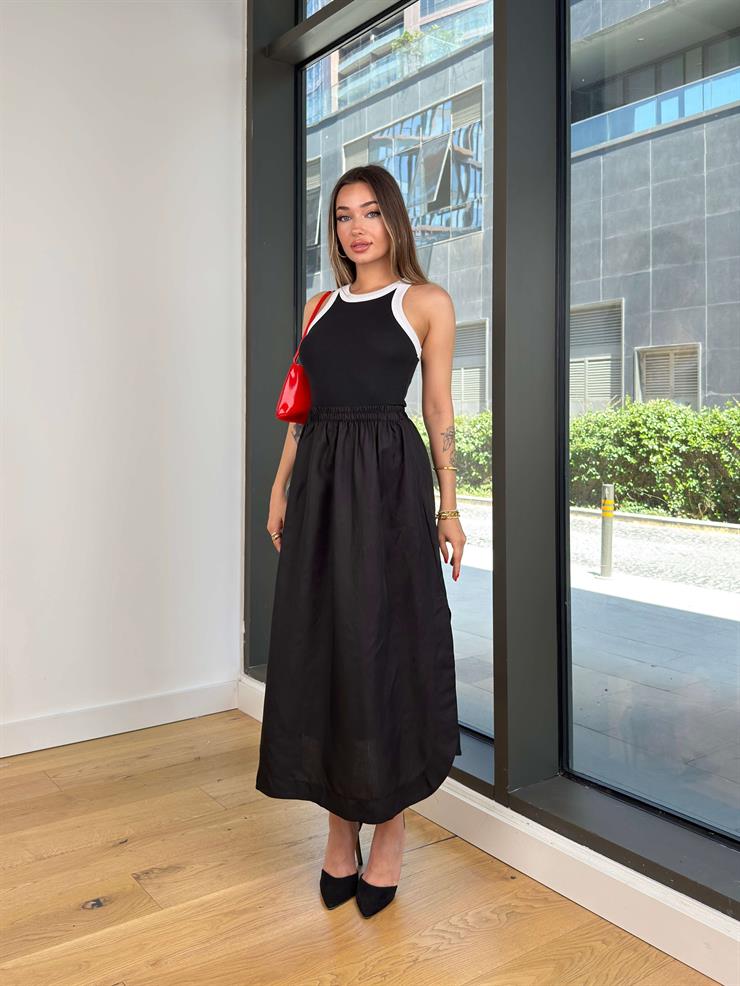 Halter Yaka Farmli Siyah Kadın Elbise 25Y519