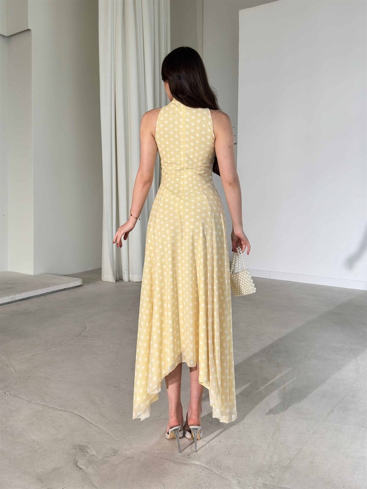 Puantiyeli Sıfır Kol Asimetrik Detaylı Sarı Fausta Kadın Elbise 26Y191