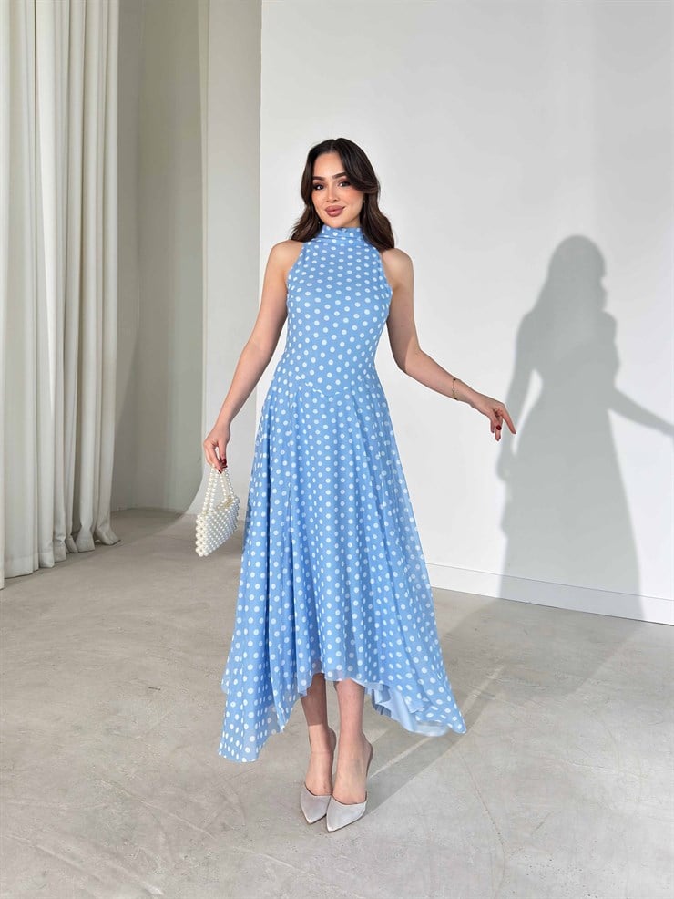 Puantiyeli Sıfır Kol Asimetrik Detaylı Mavi Fausta Kadın Elbise 26Y191