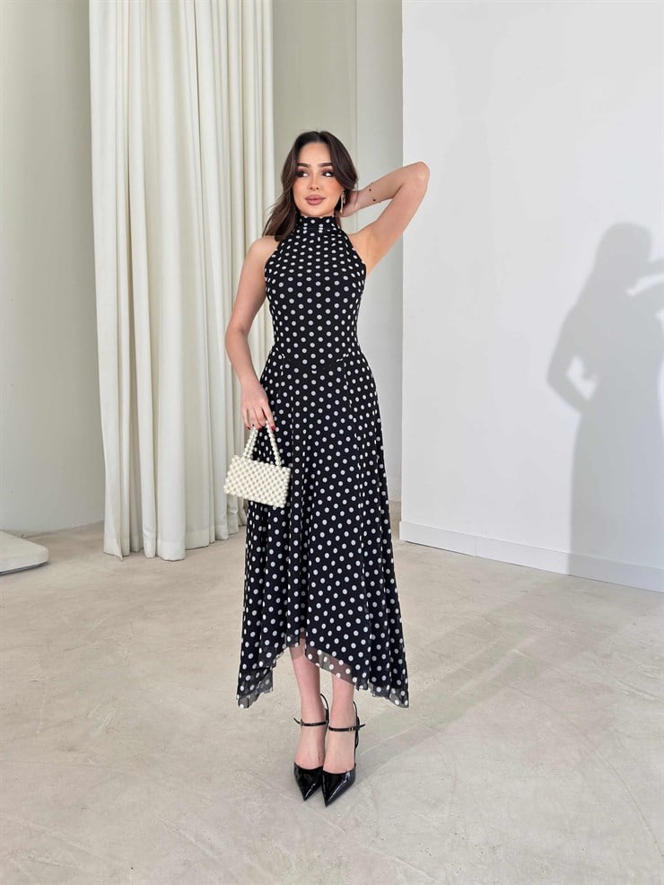 Puantiyeli Sıfır Kol Asimetrik Detaylı Siyah Fausta Kadın Elbise 26Y191