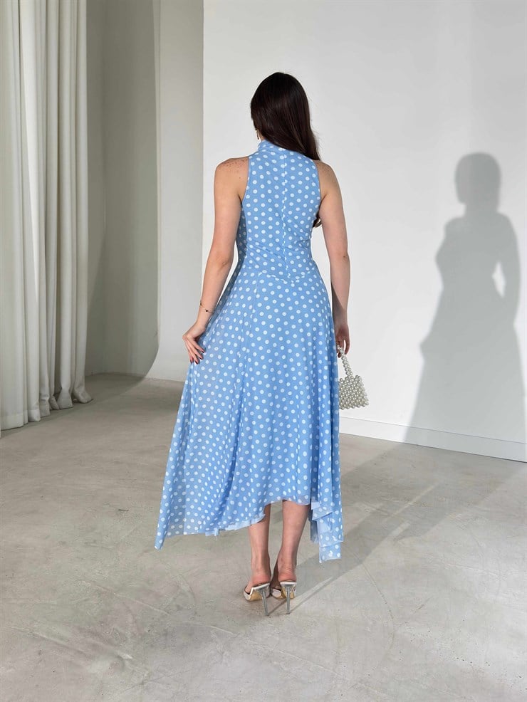 Puantiyeli Sıfır Kol Asimetrik Detaylı Mavi Fausta Kadın Elbise 26Y191