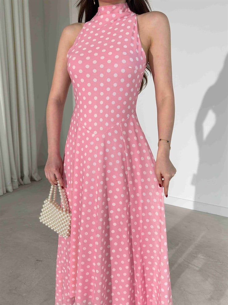 Puantiyeli Sıfır Kol Asimetrik Detaylı Pembe Fausta Kadın Elbise 26Y191