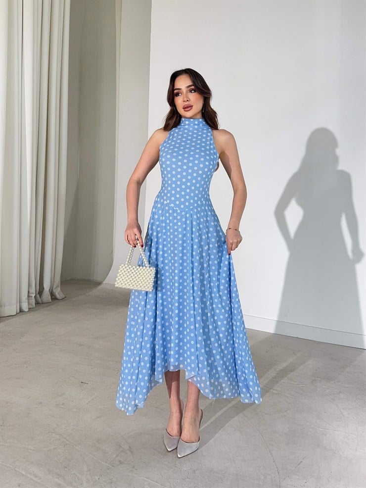 Puantiyeli Sıfır Kol Asimetrik Detaylı Mavi Fausta Kadın Elbise 26Y191