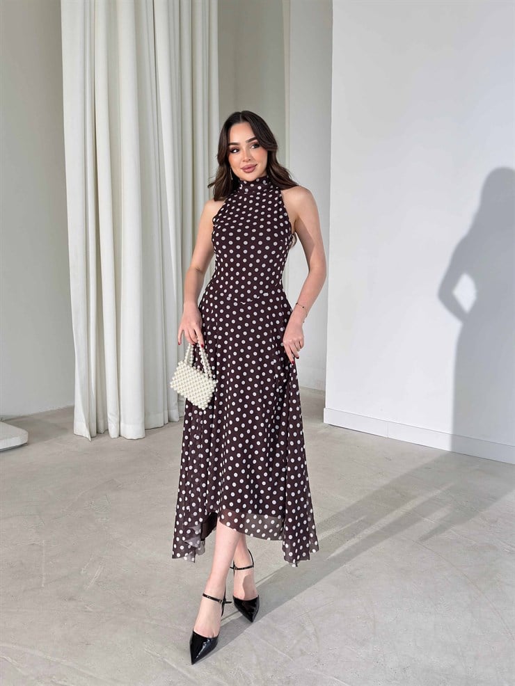 Puantiyeli Sıfır Kol Asimetrik Detaylı Kahverengi Fausta Kadın Elbise 26Y191