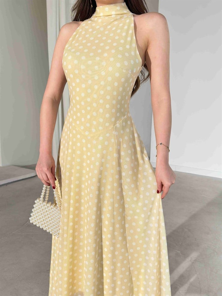 Puantiyeli Sıfır Kol Asimetrik Detaylı Sarı Fausta Kadın Elbise 26Y191