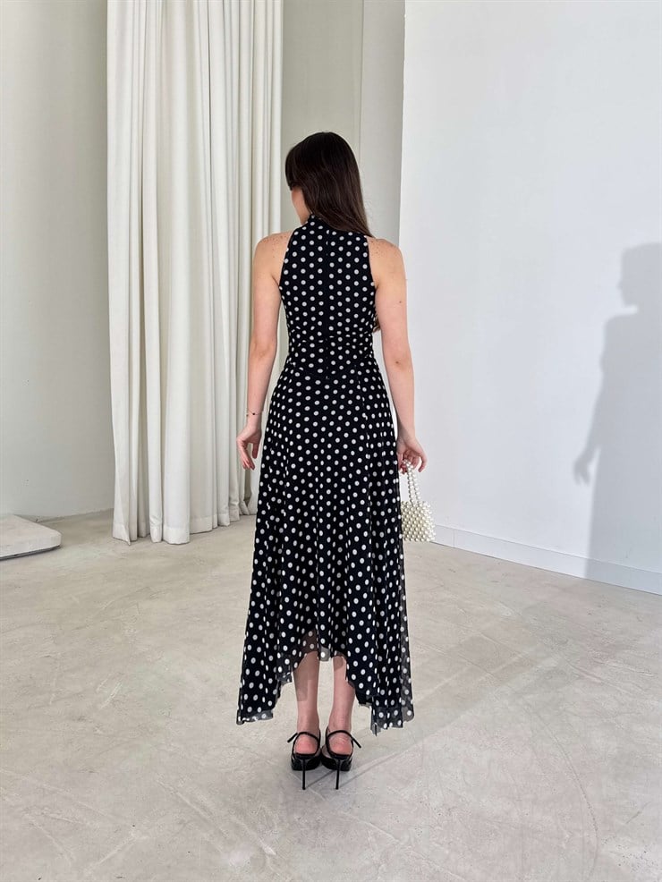 Puantiyeli Sıfır Kol Asimetrik Detaylı Siyah Fausta Kadın Elbise 26Y191