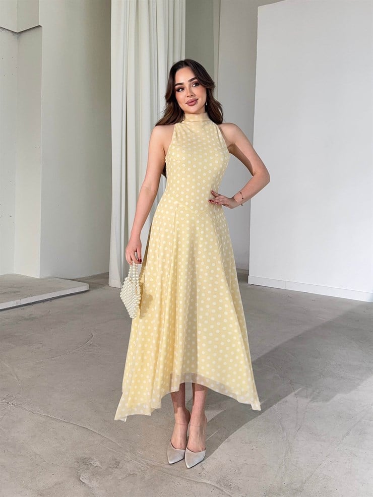 Puantiyeli Sıfır Kol Asimetrik Detaylı Sarı Fausta Kadın Elbise 26Y191