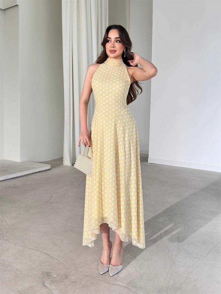 Puantiyeli Sıfır Kol Asimetrik Detaylı Sarı Fausta Kadın Elbise 26Y191
