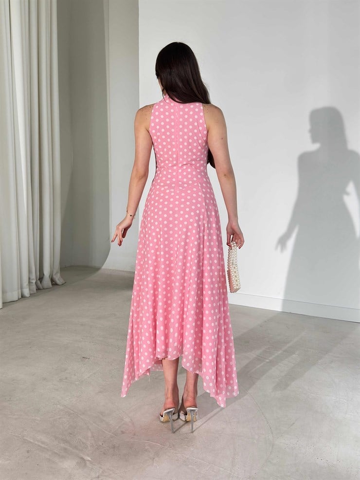 Puantiyeli Sıfır Kol Asimetrik Detaylı Pembe Fausta Kadın Elbise 26Y191