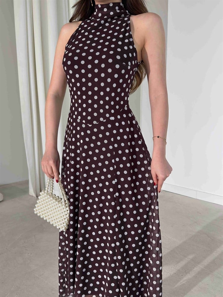 Puantiyeli Sıfır Kol Asimetrik Detaylı Kahverengi Fausta Kadın Elbise 26Y191