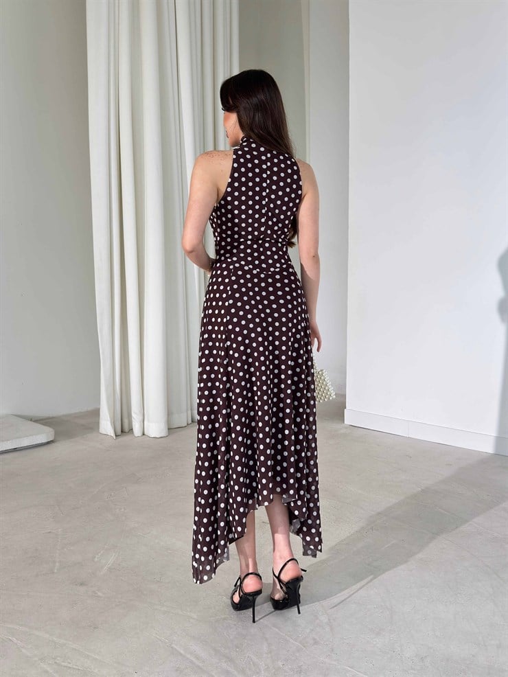 Puantiyeli Sıfır Kol Asimetrik Detaylı Kahverengi Fausta Kadın Elbise 26Y191