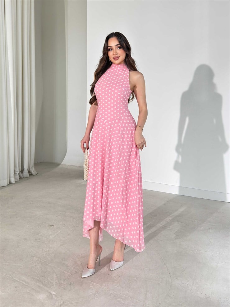 Puantiyeli Sıfır Kol Asimetrik Detaylı Pembe Fausta Kadın Elbise 26Y191