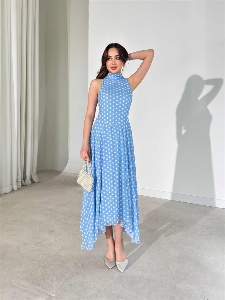 Puantiyeli Sıfır Kol Asimetrik Detaylı Mavi Fausta Kadın Elbise 26Y191