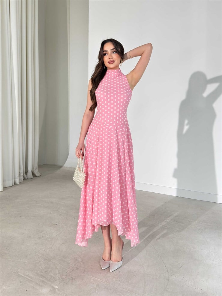 Puantiyeli Sıfır Kol Asimetrik Detaylı Pembe Fausta Kadın Elbise 26Y191