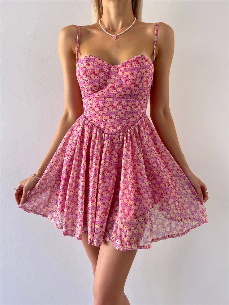 İnce Askılı Eteği Tül Faye Kadın Çiçekli Pembe Mini Elbise 23Y000572