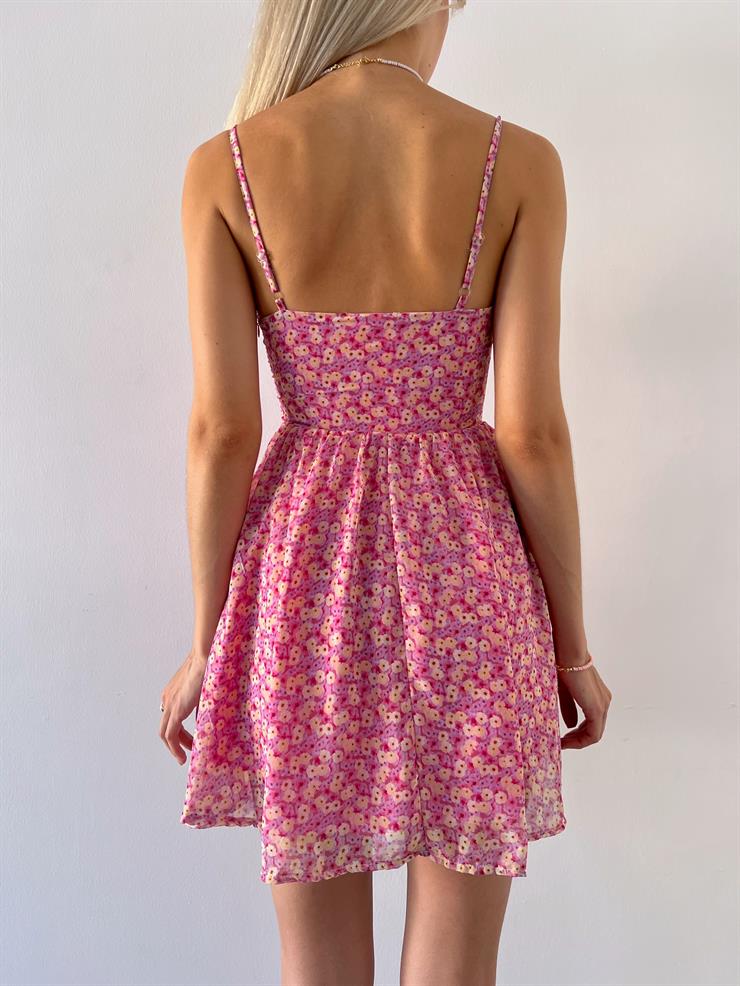 İnce Askılı Eteği Tül Faye Kadın Çiçekli Pembe Mini Elbise 23Y000572