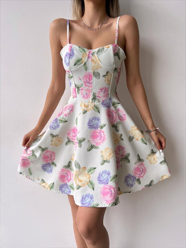 Askılı Korse Detaylı Fayette Mint Çiçekli Mini Elbise 23Y000241