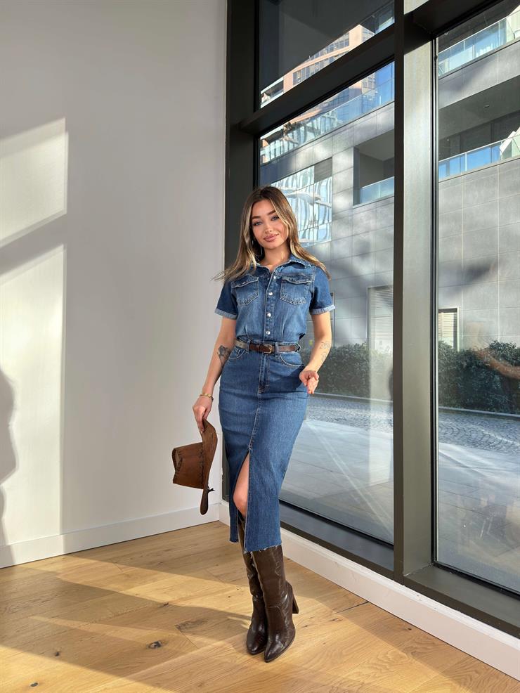 Önü Düğmeli Yırtmaçlı Faylin Mavi Kadın Midi Kot Elbise 25Y008