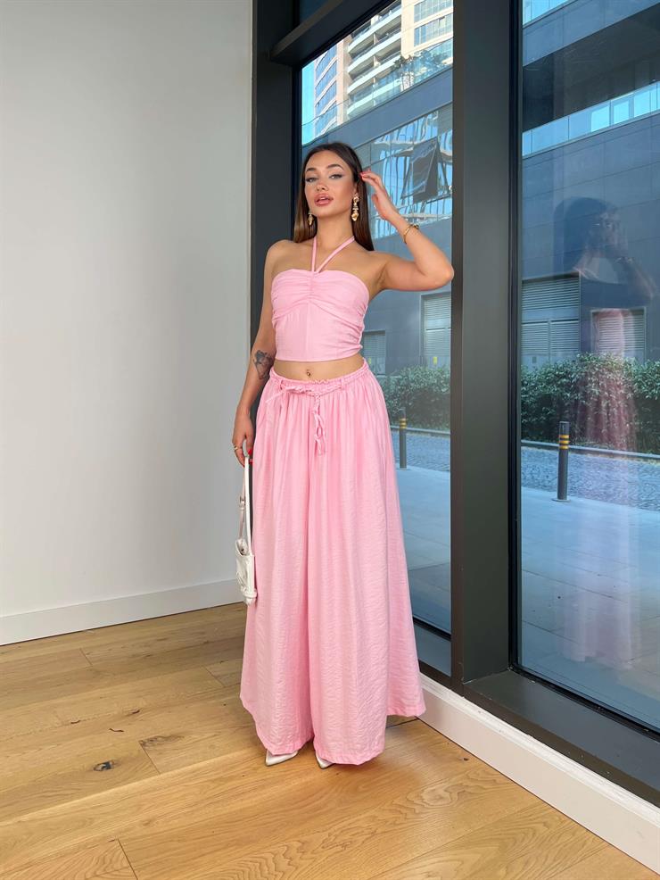 Beli Lastikli Ve Bağcıklı Bol Paça Fayor Pembe Kadın Pantolon 25Y520