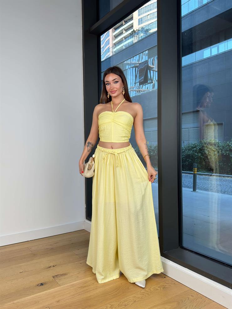 Beli Lastikli Ve Bağcıklı Bol Paça Fayor Sarı Kadın Pantolon 25Y520