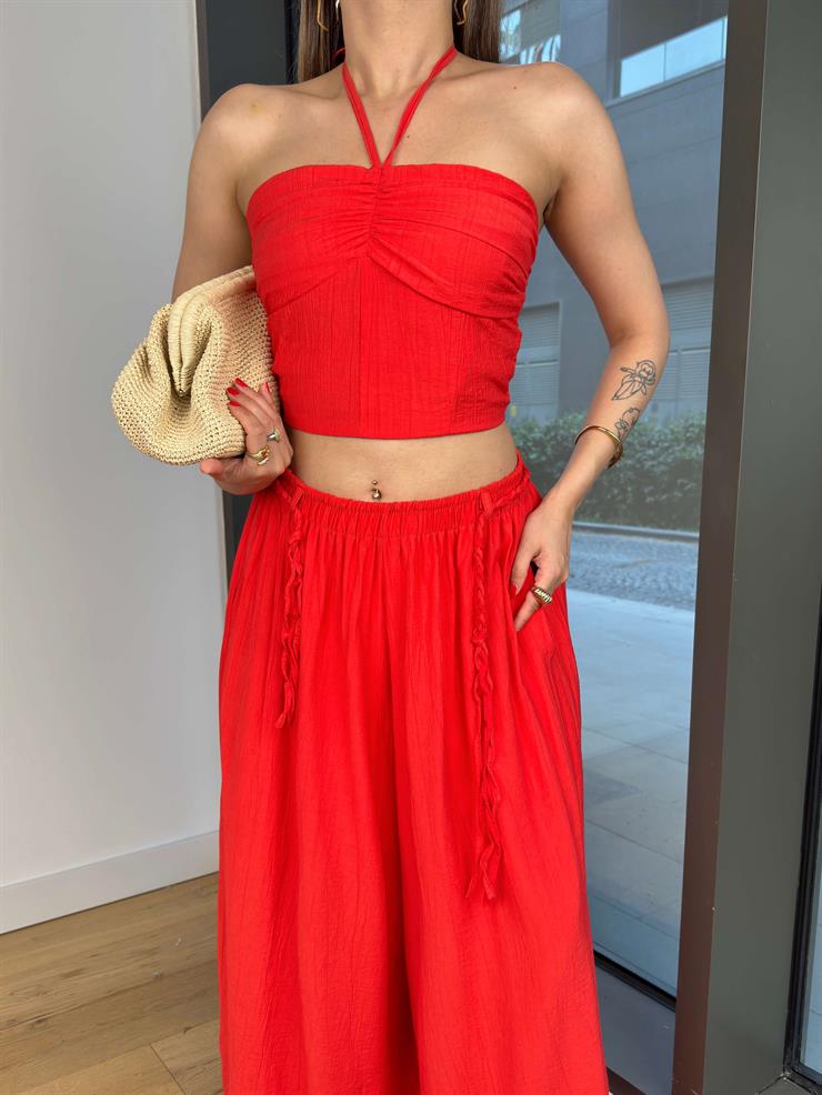 Beli Lastikli Ve Bağcıklı Bol Paça Fayor Kırmızı Kadın Pantolon 25Y520