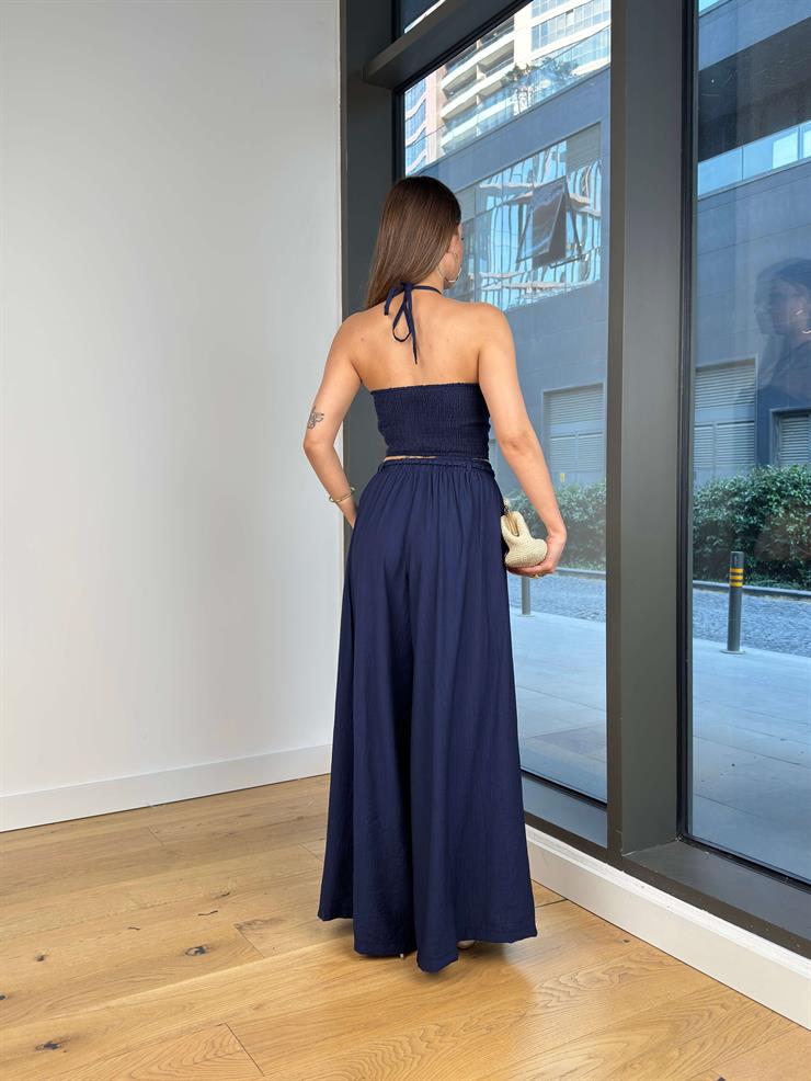 Beli Lastikli Ve Bağcıklı Bol Paça Fayor Lacivert Kadın Pantolon 25Y520