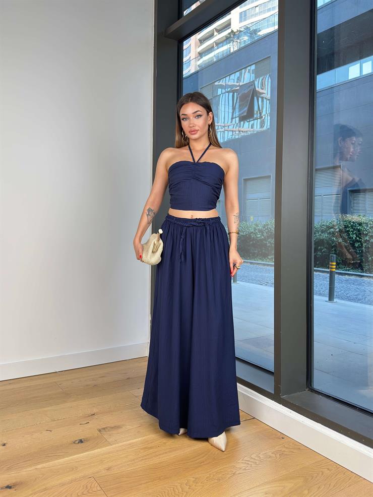 Beli Lastikli Ve Bağcıklı Bol Paça Fayor Lacivert Kadın Pantolon 25Y520