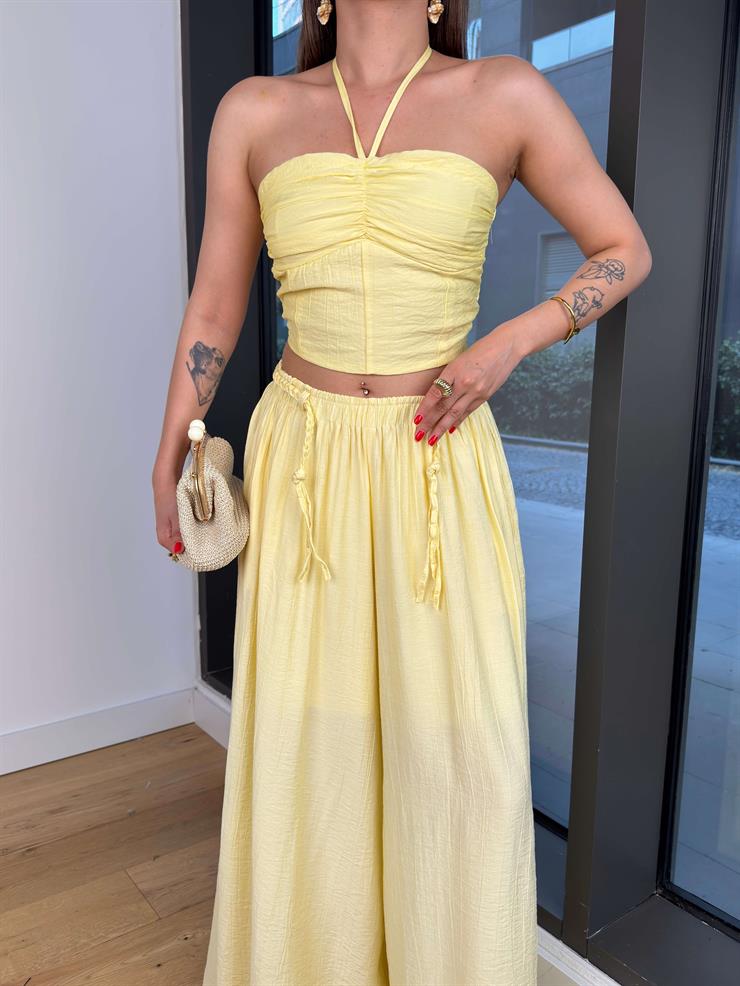 Beli Lastikli Ve Bağcıklı Bol Paça Fayor Sarı Kadın Pantolon 25Y520