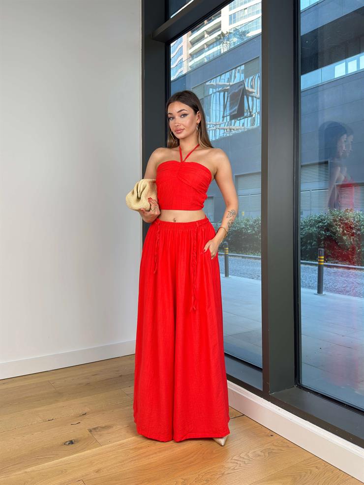 Beli Lastikli Ve Bağcıklı Bol Paça Fayor Kırmızı Kadın Pantolon 25Y520