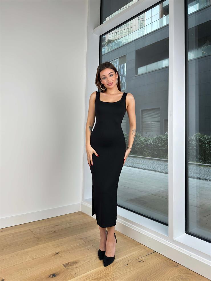 Kalın Askılı Streç Feldi Kadın Siyah Elbise 24Y057