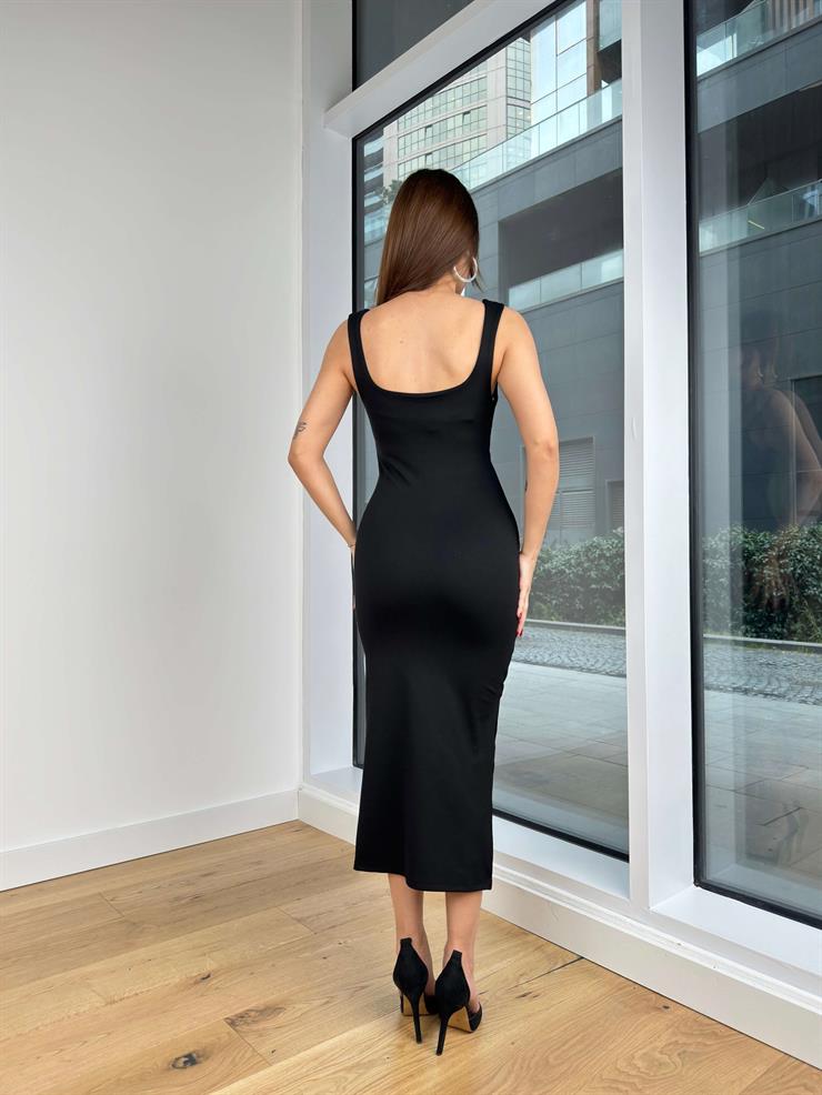 Kalın Askılı Streç Feldi Kadın Siyah Elbise 24Y057