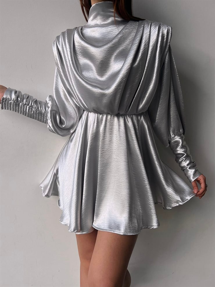 Geniş Manşet Dökümlü Yaka Lastik Bel Feliciano Kadın Gümüş Elbise 22K000070