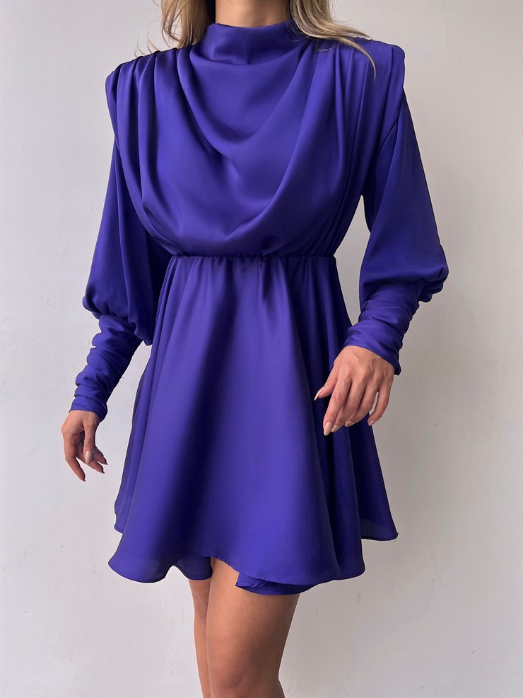 Geniş Manşet Dökümlü Yaka Lastik Bel Feliciano Kadın Mürdüm Elbise 22K000070