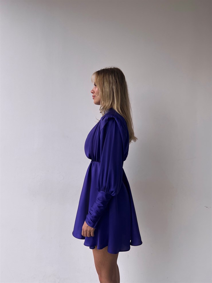 Geniş Manşet Dökümlü Yaka Lastik Bel Feliciano Kadın Mürdüm Elbise 22K000070