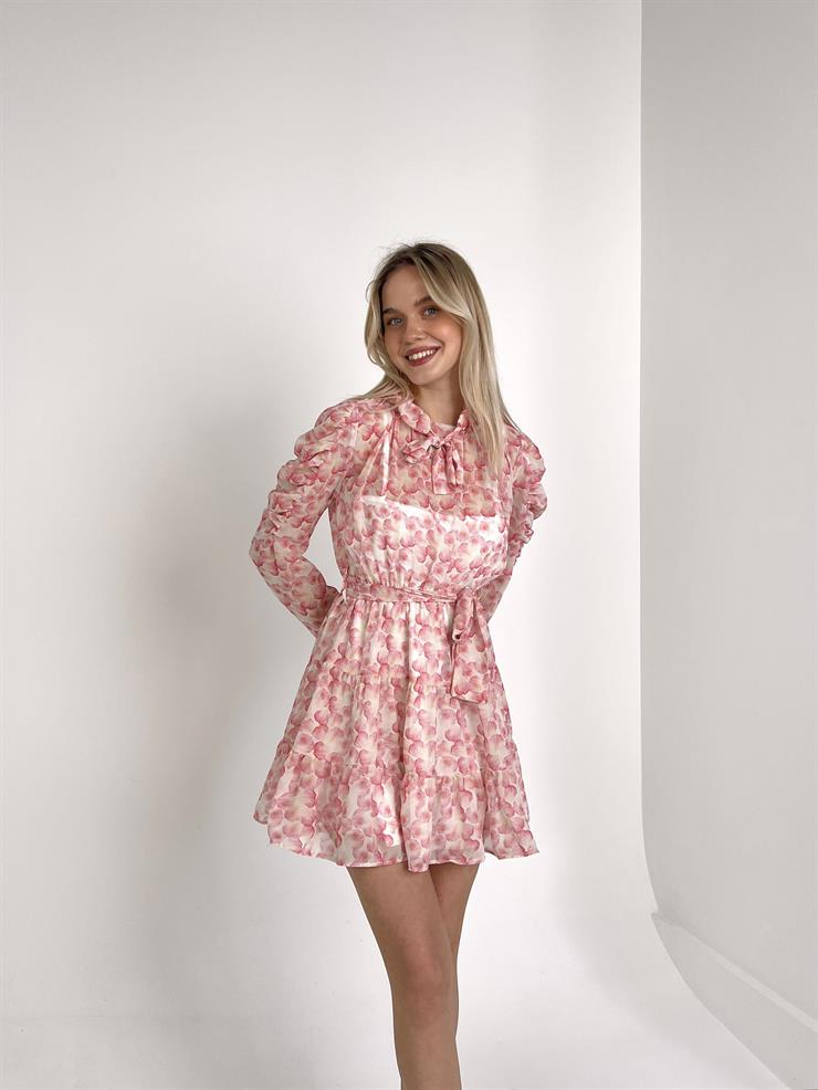 Boyun Ve Belden Bağcık Detaylı Felicity Kadın Pembe Mini Tül Elbise 23Y000138