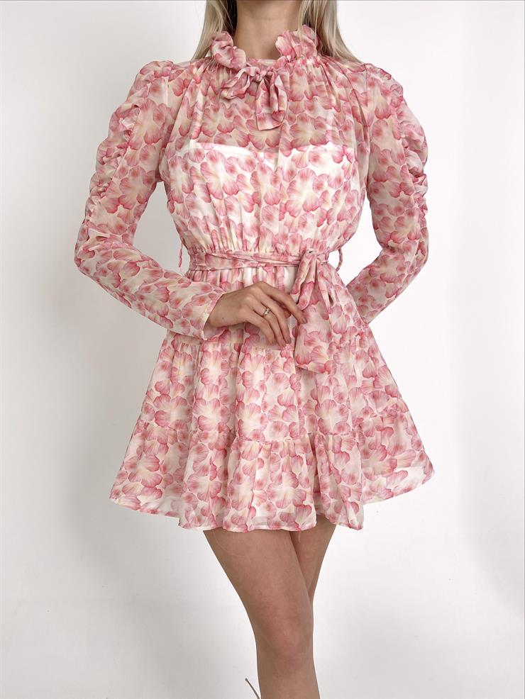 Boyun Ve Belden Bağcık Detaylı Felicity Kadın Pembe Mini Tül Elbise 23Y000138