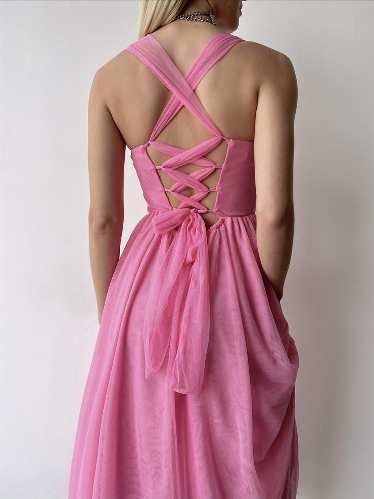 Arkadan Bağlamalı Kalın Askı Eteği Tül Felimo Kadın Pembe Elbise 23Y000159