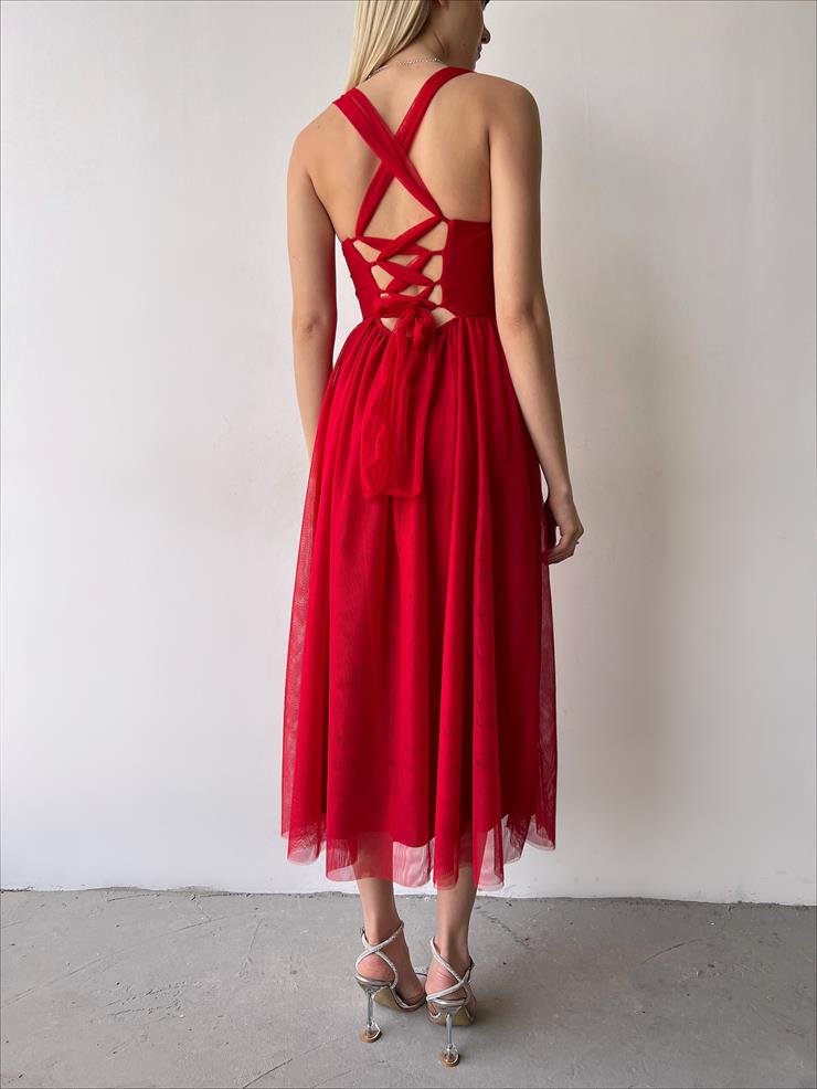 Arkadan Bağlamalı Kalın Askı Eteği Tül Felimo Kadın Kırmızı Elbise 23Y000159